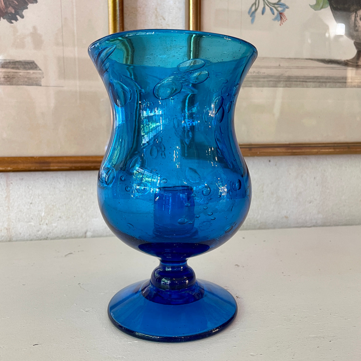 Bougeoir en verre bullé bleu