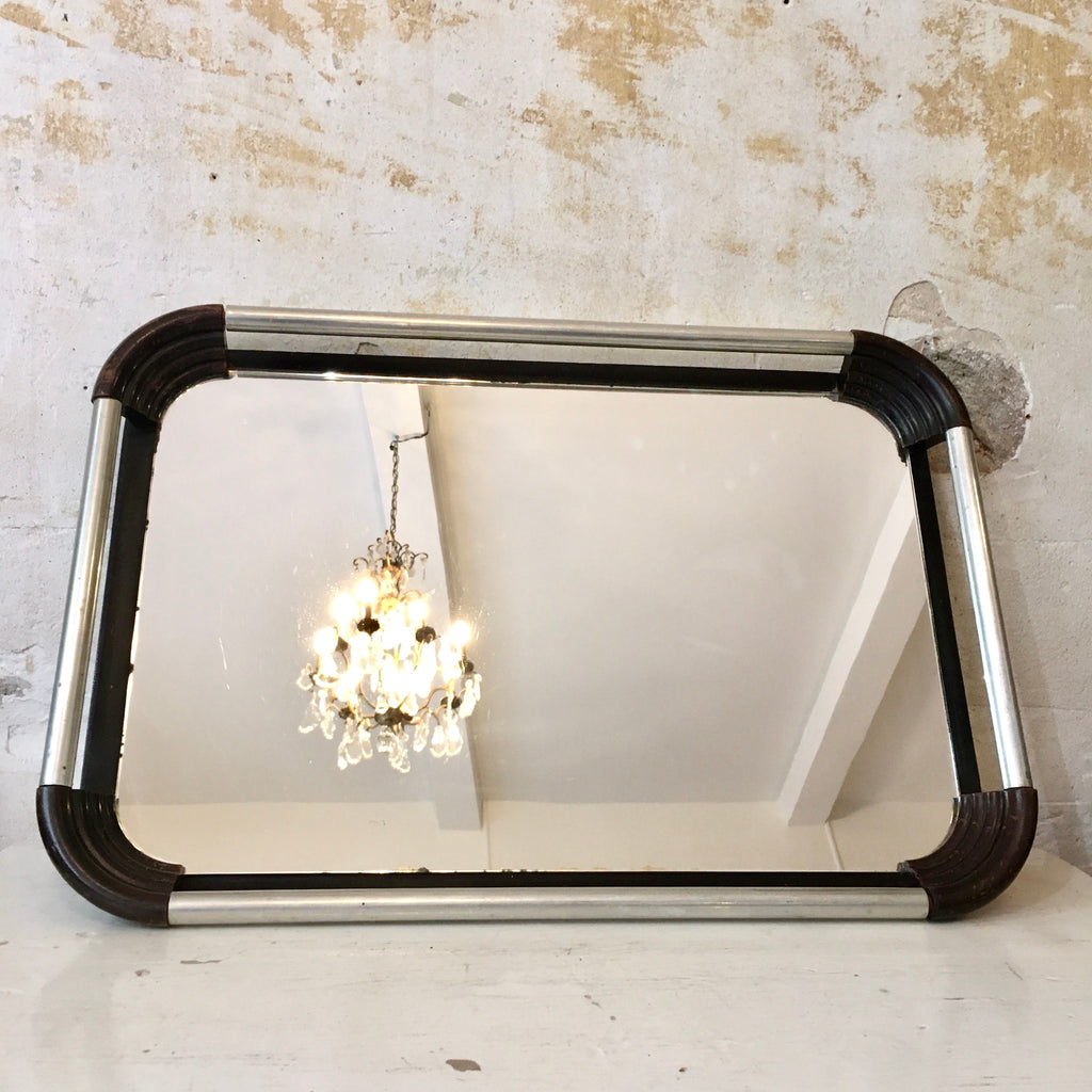 Plateau miroir en métal et bois Art Déco