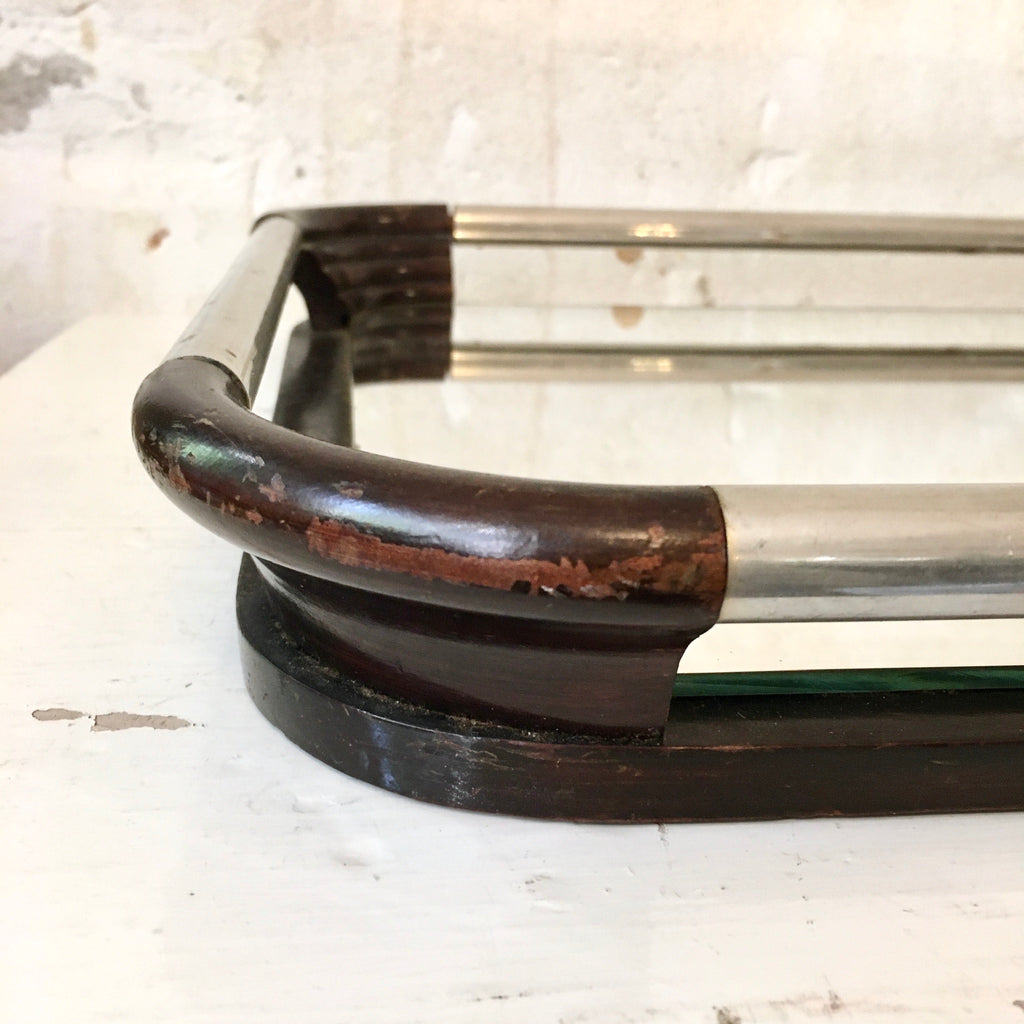 Plateau miroir en métal et bois Art Déco