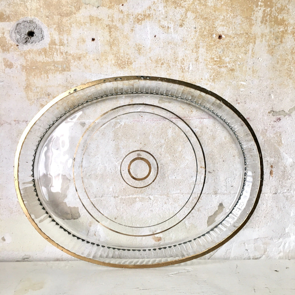 Ancien service à liqueur en verre soufflé, peint à la main - plateau oval