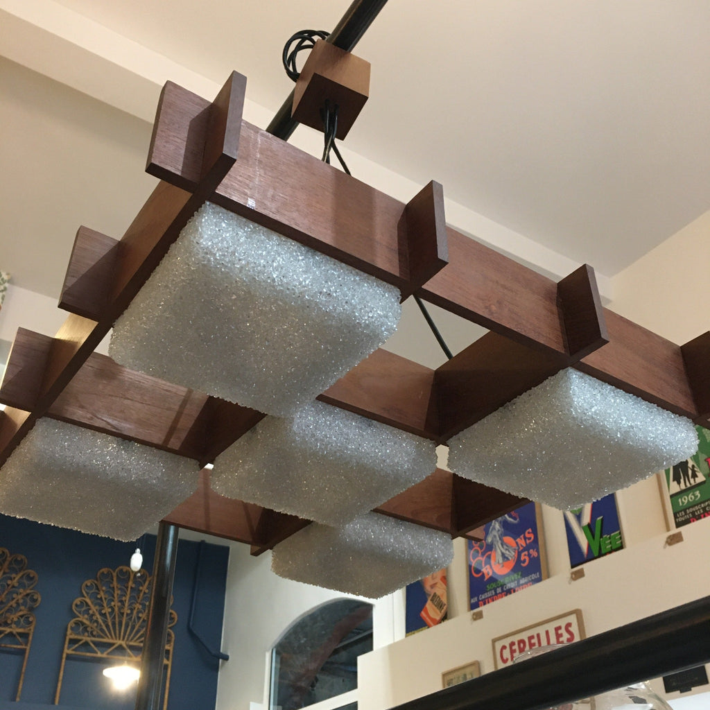 Plafonnier carré teck et perspex années 70