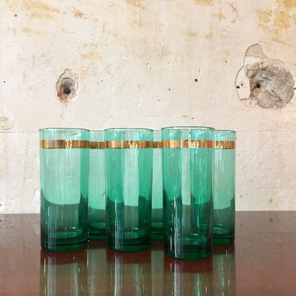 Lot de 6 verres à orangeade vert et doré.