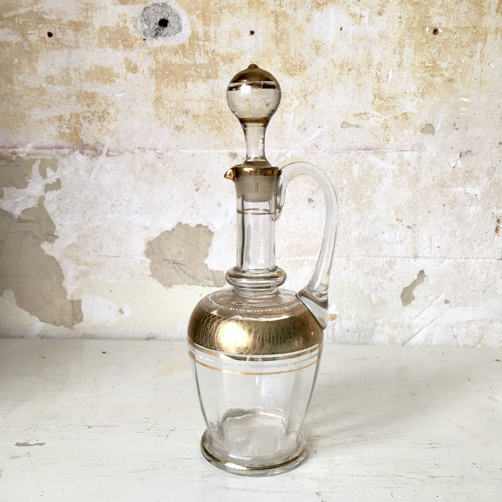 Ancien service à liqueur en verre soufflé, peint à la main - carafon