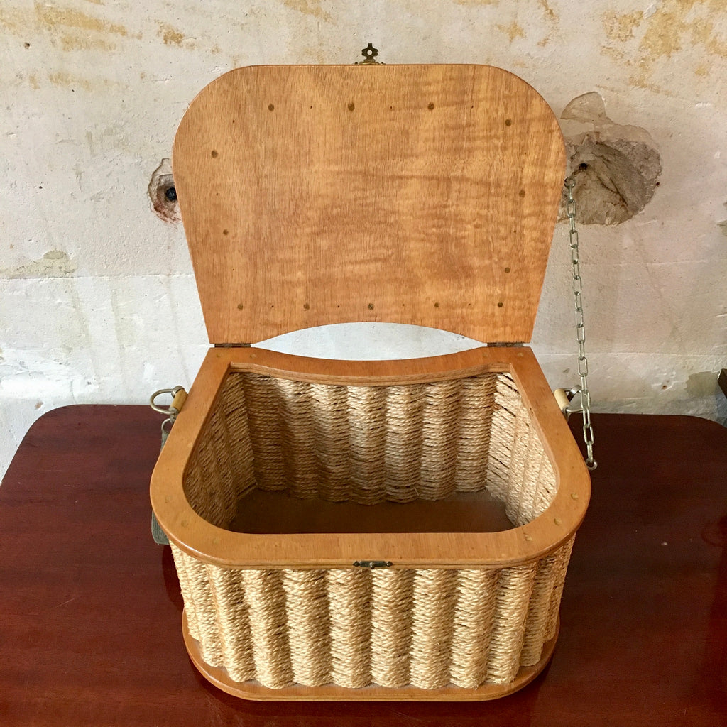 Boîte de pêcheur ancienne bois et corde