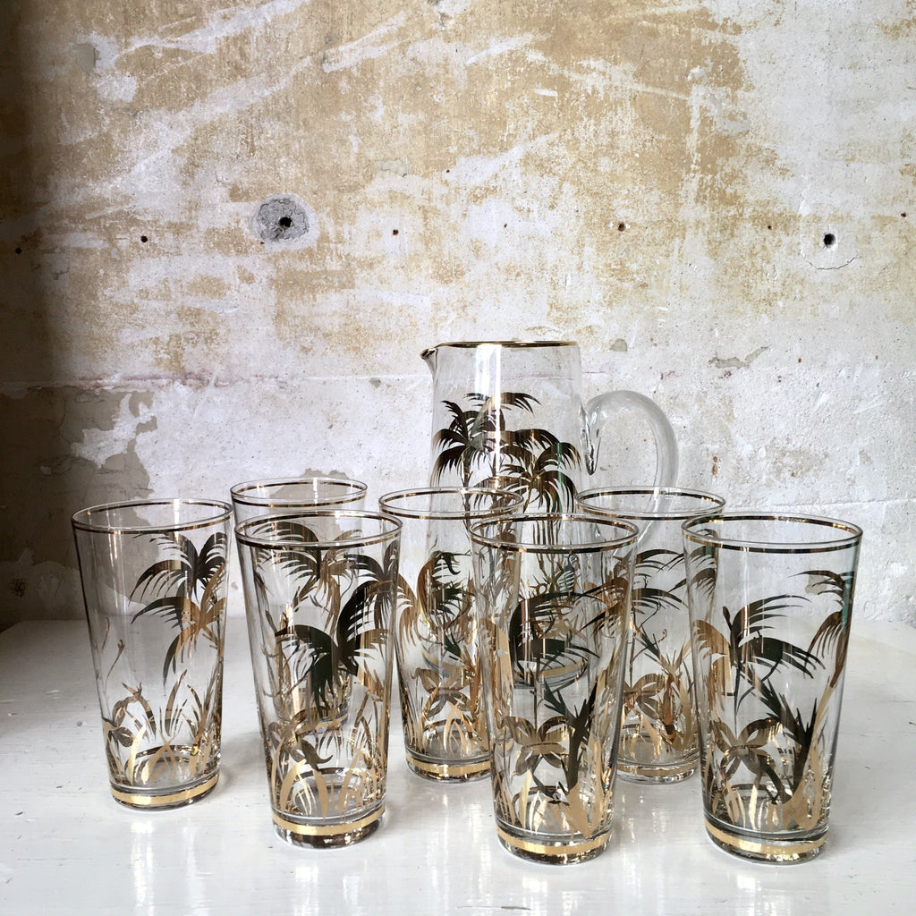 Service à orangeade vintage en verre décor palmiers dorés