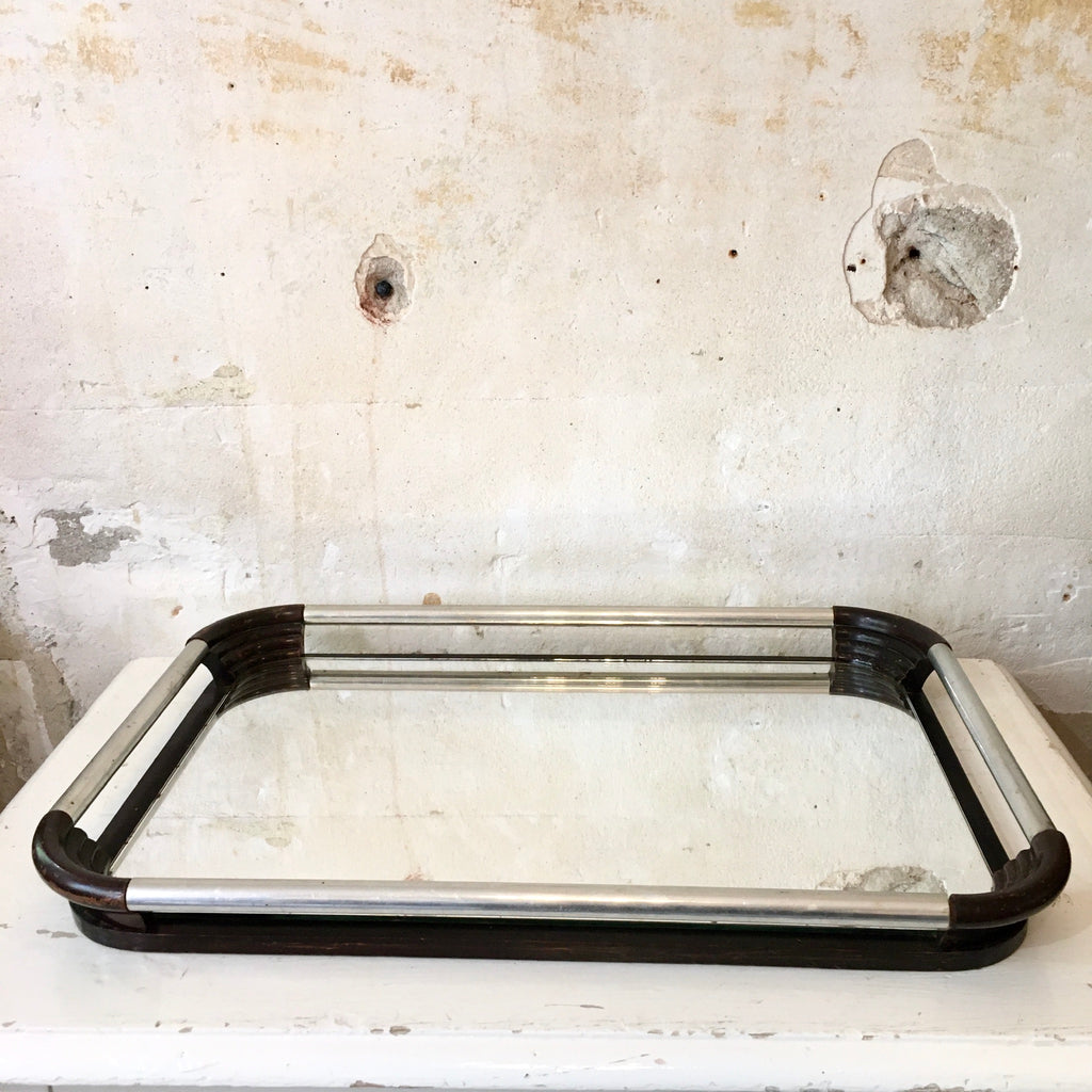 Plateau miroir en métal et bois Art Déco
