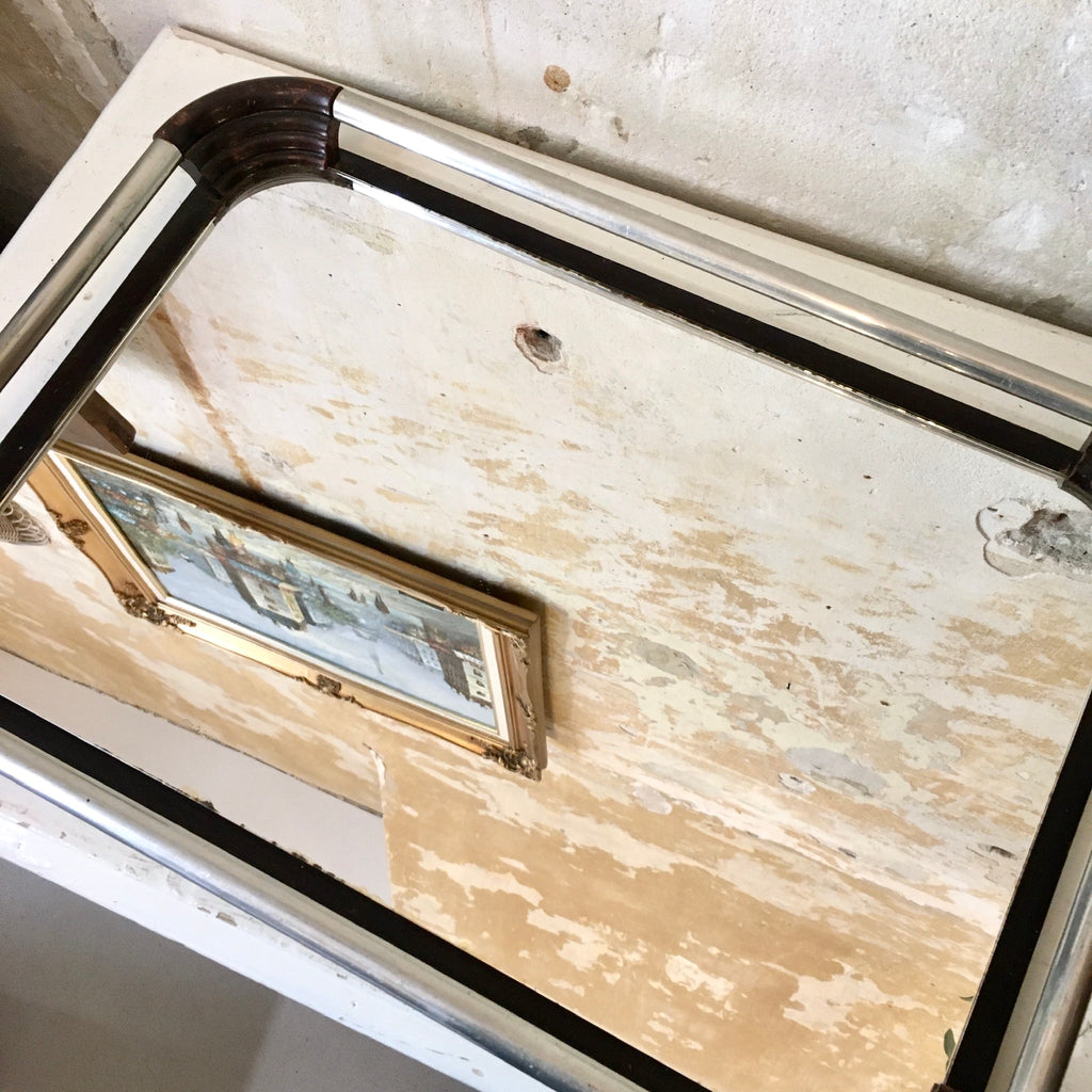 Plateau miroir en métal et bois Art Déco