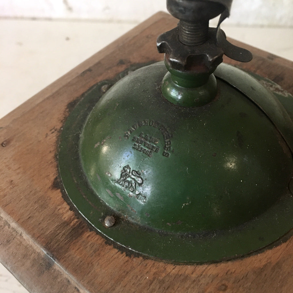 Grand moulin à café en bois et métal vert Peugeot Frères