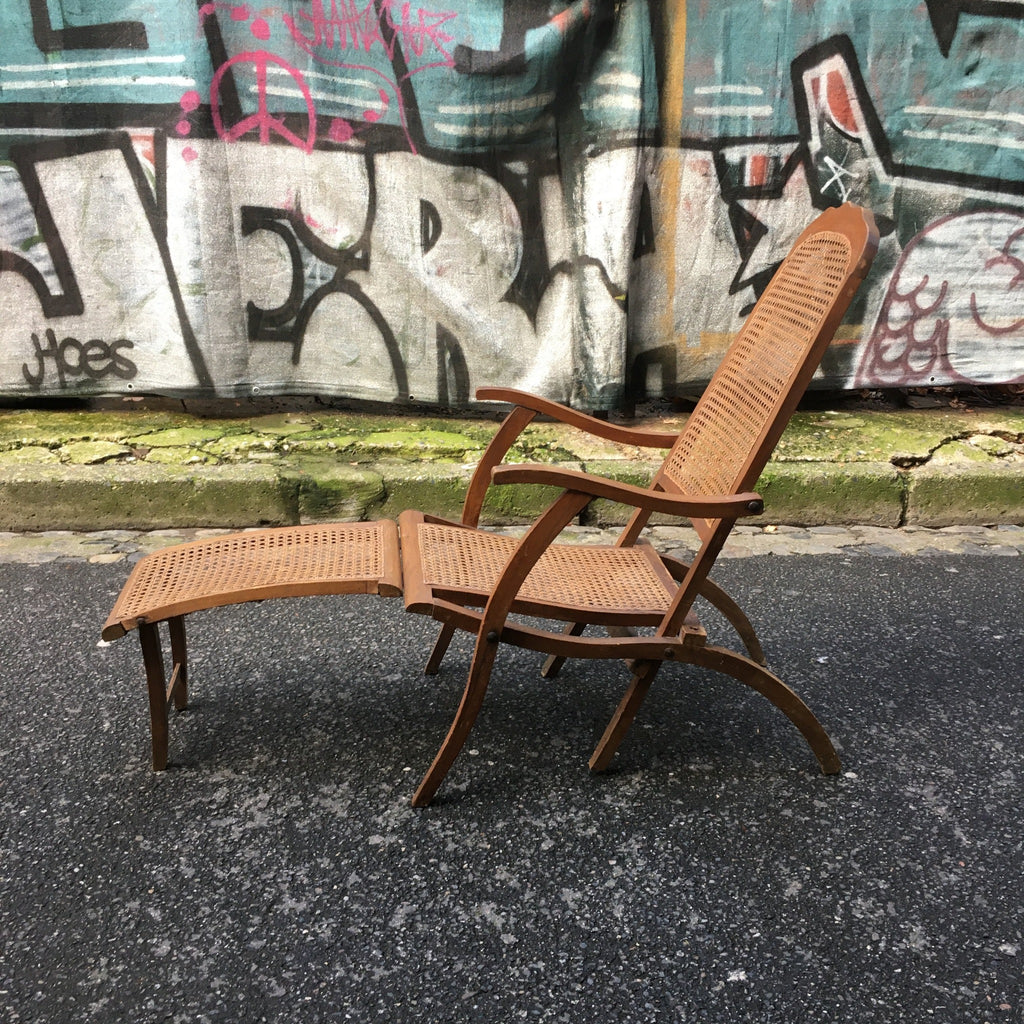 Chaise longue / transat de pont en bois et cannage années 1900