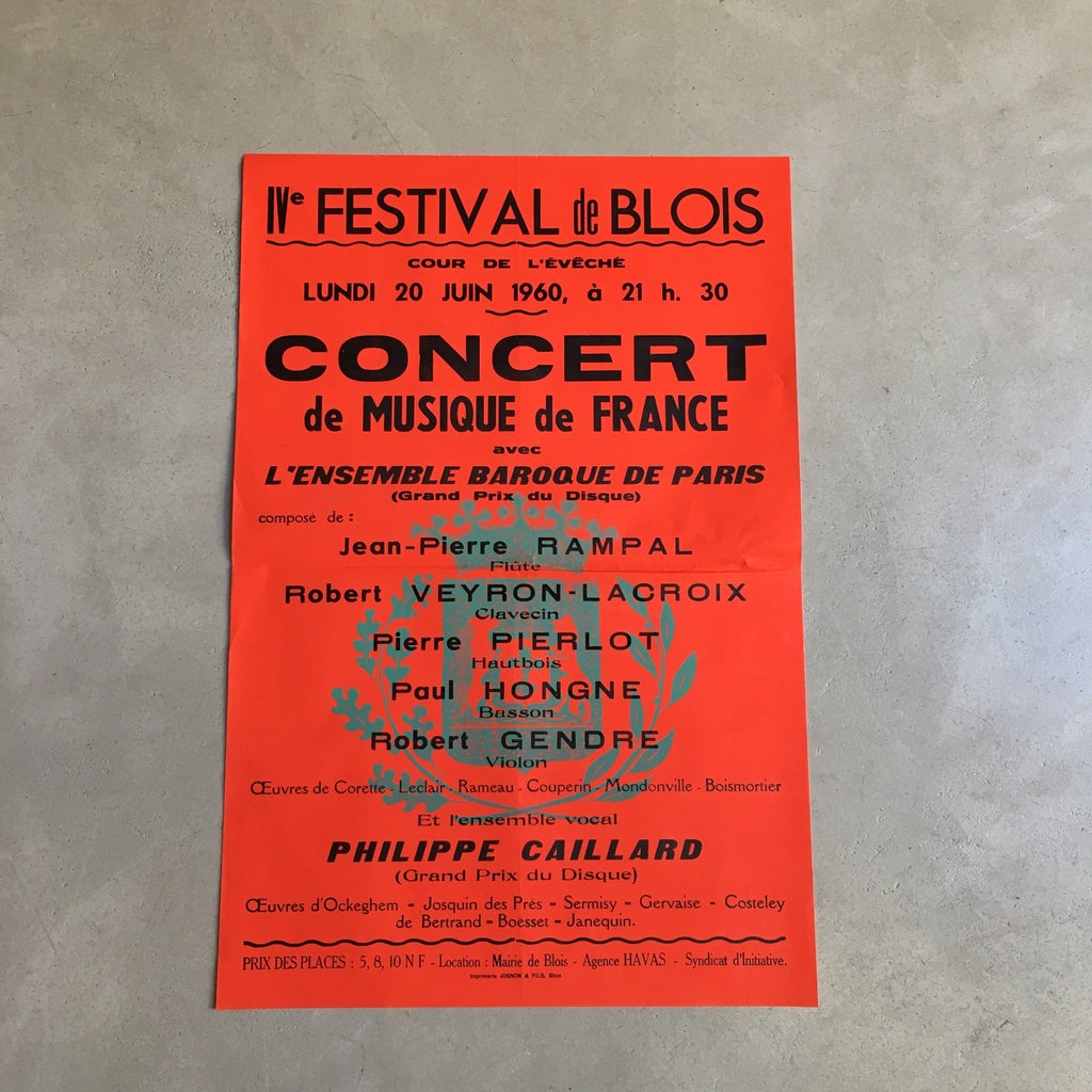 Affiche originale IVe Festival de Blois 1960 - Concert de musique de France avec l'ensemble baroque de Paris