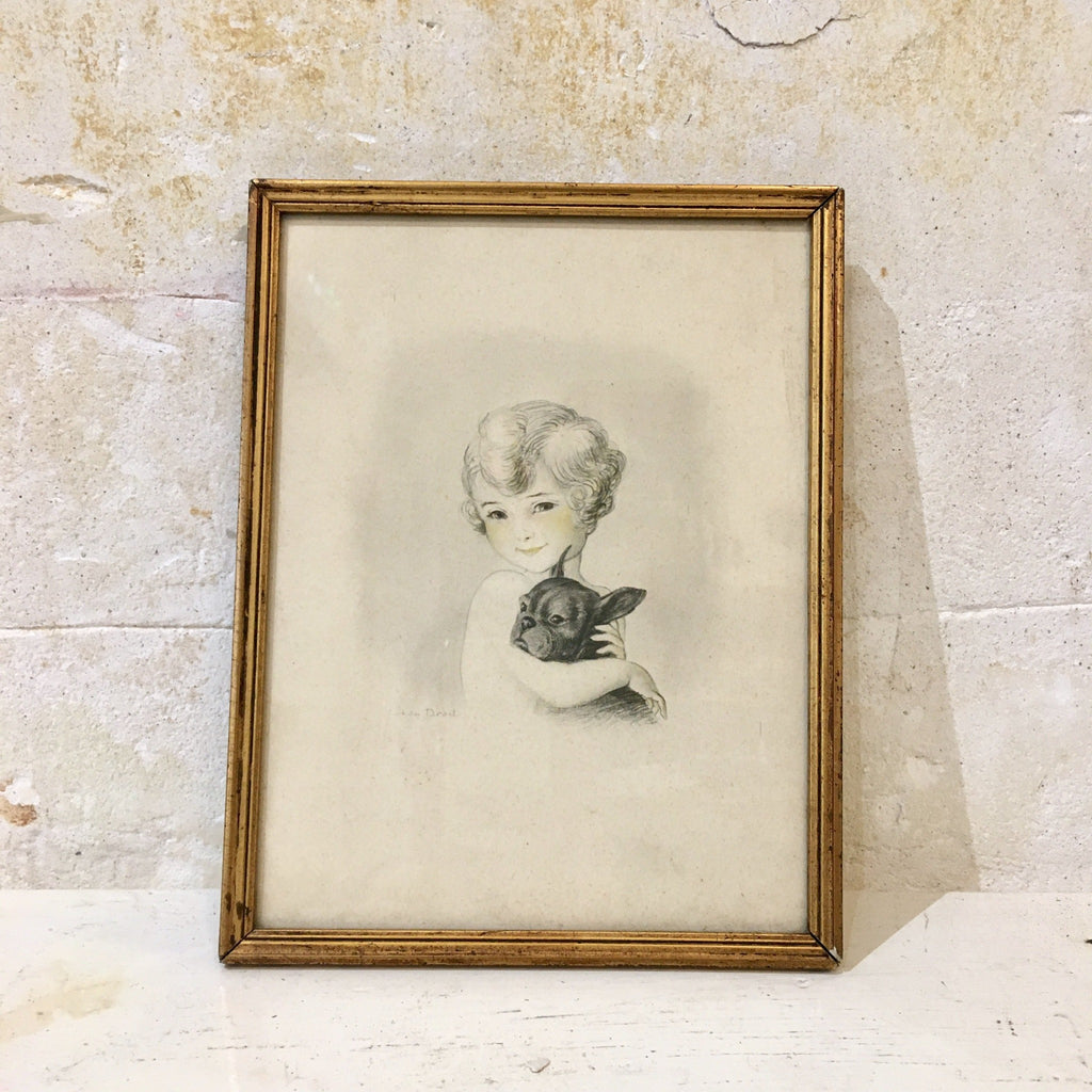 Dessin de Jean Droit enfant et son chien, bouledogue français 1920-1930
