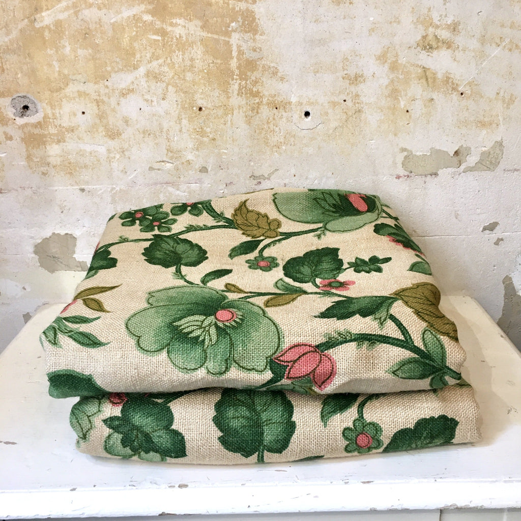 Paire de rideaux anciens chanvre imprimé fleurs