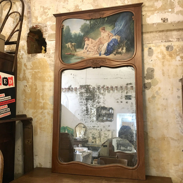 Miroir au mercure trumeau peinture de Boucher, encadrement en bois