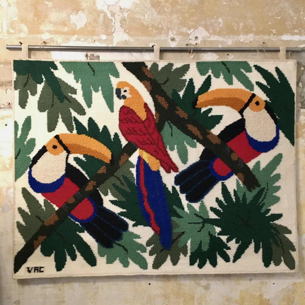 Tapisserie murale chambre ou salon laine jungle toucan perroquet années VAC 1970