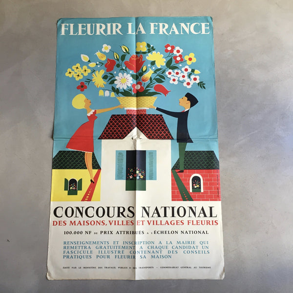 Affiche originale Concours National Fleurir la France 1960 - Illustration F. Lesourt 62 x 100 cm