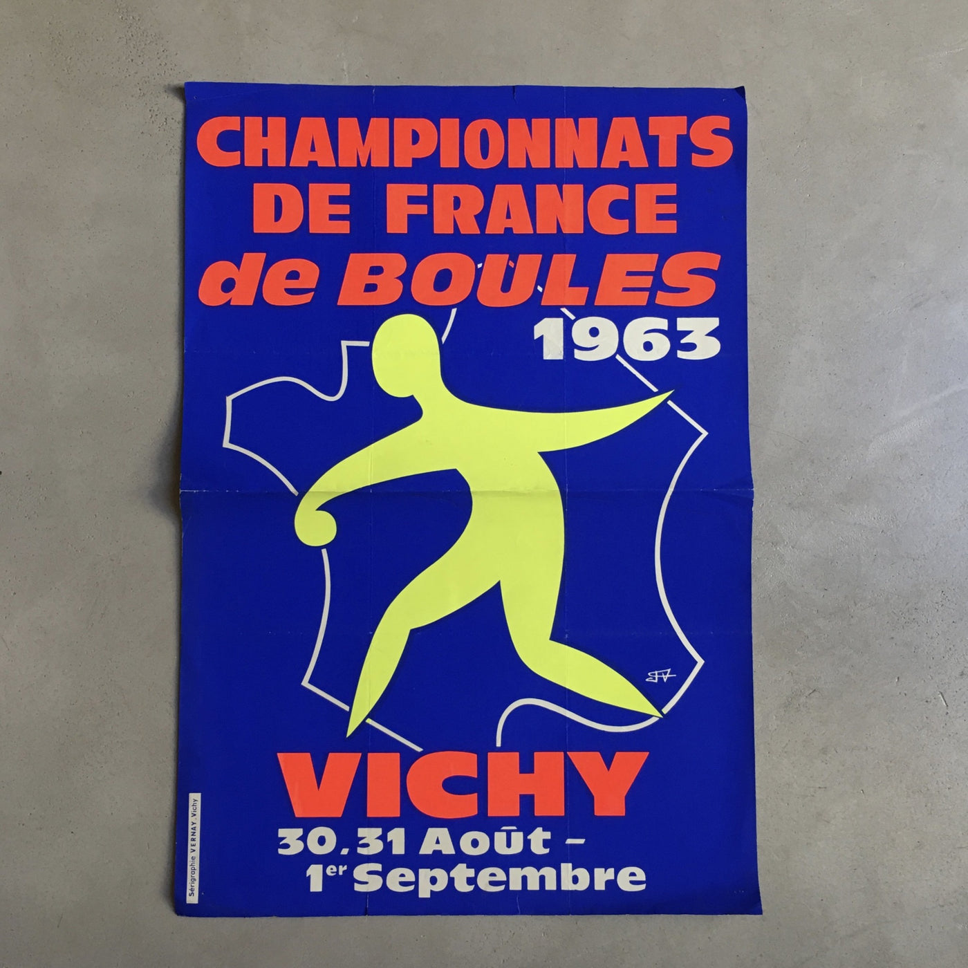 Sérigraphie originale Championnats de France de Boules 1963 Vichy signée F. V.