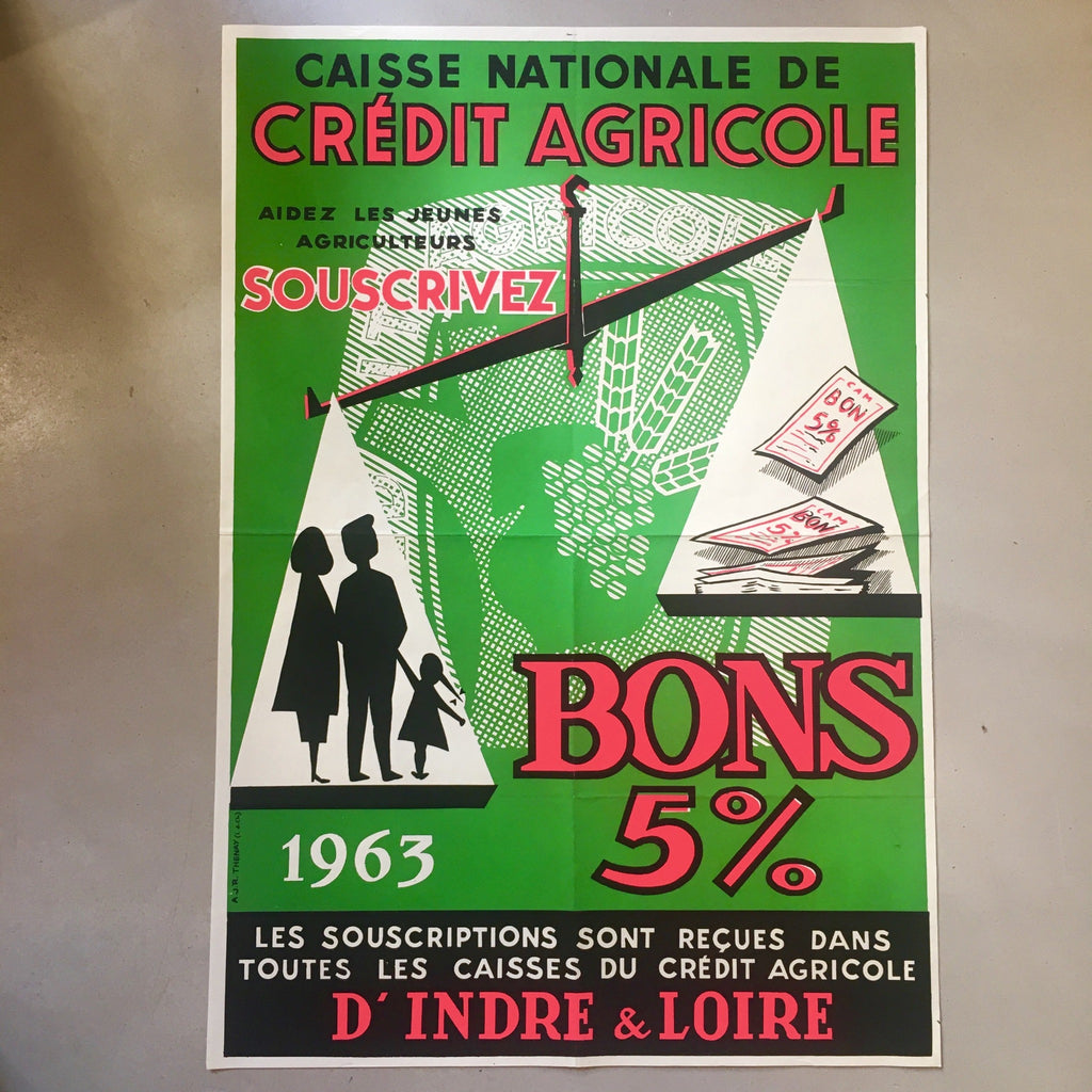 Affiche originale sérigraphiée 1963 Jean Rabet - Crédit Agricole - Indre et Loire- Bons 5%