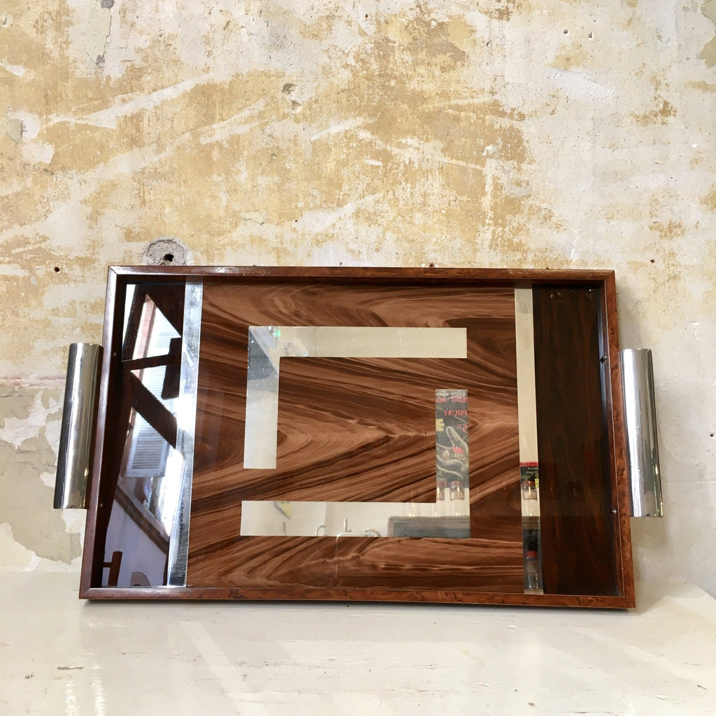 Plateau de service années 70  en bois et métal 