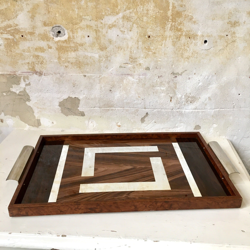 Plateau de service années 70 en bois et métal